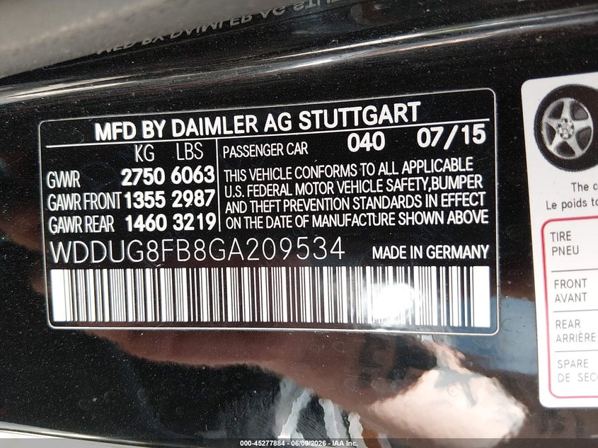 2016 Mercedes-benz S-klasse VIN WDDUG8FB8GA209534 IAAI salvage auction — LEFT SIDE, Salvage Title, sold $4,300 on 2026-07-16 (photo 9)
