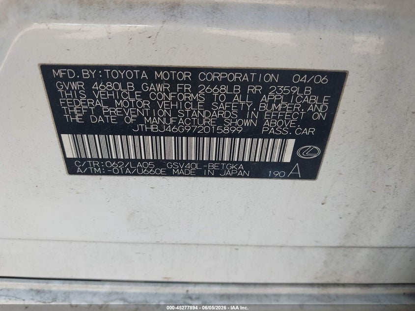 2007 Lexus Es 350 VIN JTHBJ46G972015899 IAAI salvage auction — FRONT END, Salvage (Alabama), sold $875 on 2026-07-15 (photo 9)