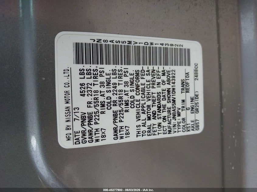 2013 Nissan Rogue VIN JN8AS5MV1DW143922 IAAI salvage auction — REAR END, Salvage Title, sold $25 on 2026-07-21 (photo 9)