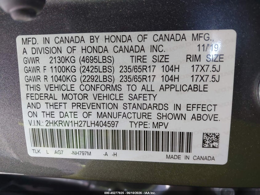 2020 Honda Cr-v VIN 2HKRW1H27LH404597 IAAI salvage auction — FRONT END, Salvage (California), sold $7,300 on 2026-07-05 (photo 9)