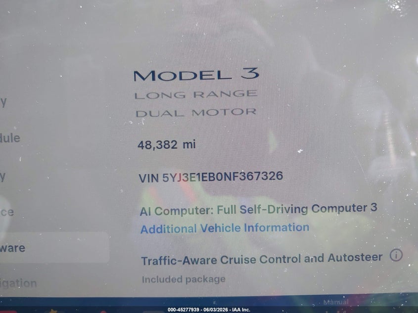 2022 Tesla Model 3 VIN 5YJ3E1EB0NF367326 IAAI salvage auction — LEFT SIDE, Salvage Title, sold $8,375 on 2026-07-06 (photo 7)