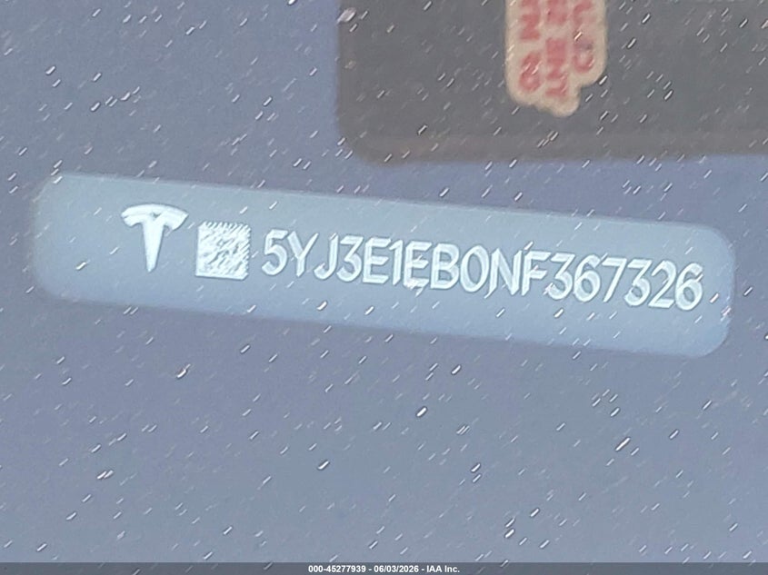 2022 Tesla Model 3 VIN 5YJ3E1EB0NF367326 IAAI salvage auction — LEFT SIDE, Salvage Title, sold $8,375 on 2026-07-06 (photo 9)