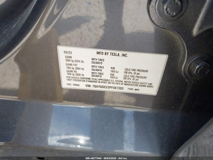 2023 Tesla Model y VIN 7SAYGDEE0PF887303 IAAI salvage auction — ROOF, Salvage Title, sold $3,050 on 2026-07-21 (photo 9)