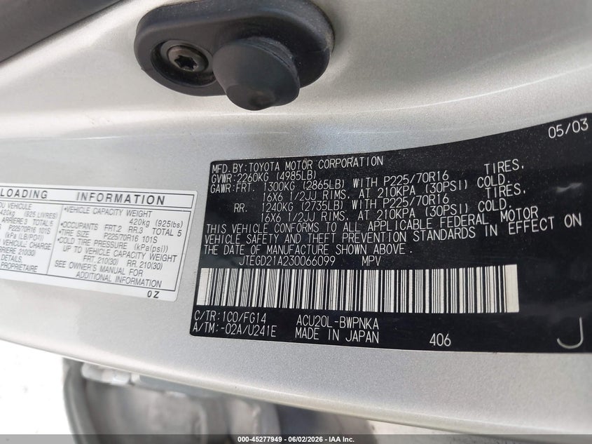 2003 Toyota Highlander VIN JTEGD21A230066099 IAAI salvage auction — FRONT END, Salvage (Texas), sold $300 on 2026-07-14 (photo 9)