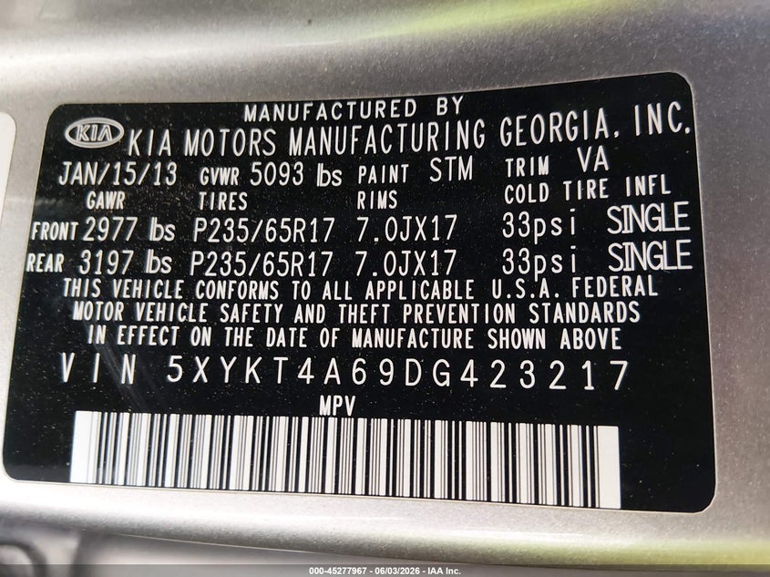 2013 Kia Sorento VIN 5XYKT4A69DG423217 IAAI salvage auction — NORMAL WEAR, Regular (Nevada), sold $275 on 2026-07-24 (photo 9)