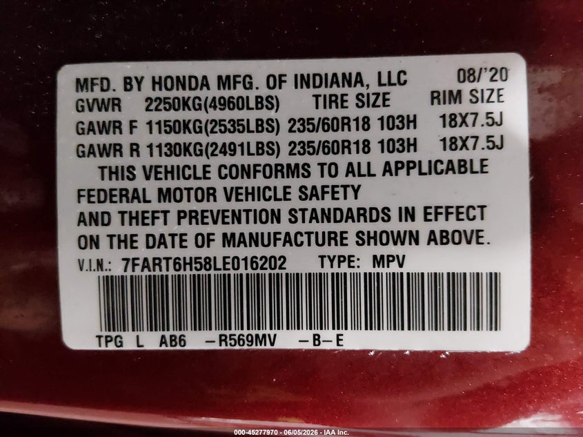 2020 Honda Cr-v VIN 7FART6H58LE016202 IAAI salvage auction — FRONT END, Salvage Title, sold $9,550 on 2026-07-07 (photo 9)