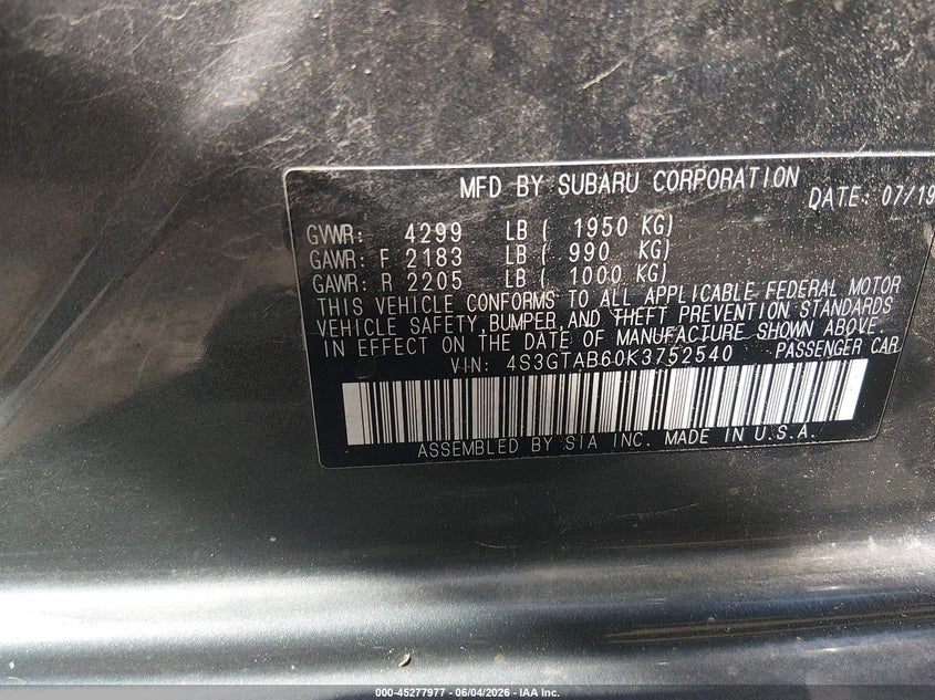 2019 Subaru Impreza VIN 4S3GTAB60K3752540 IAAI salvage auction — HAIL, Salvage (Ohio), sold $4,800 on 2026-07-25 (photo 9)
