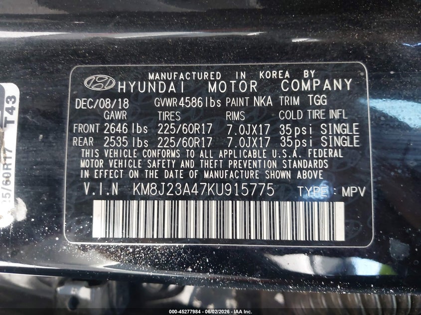 2019 Hyundai Tucson VIN KM8J23A47KU915775 IAAI salvage auction — NORMAL WEAR, Repossession Paperwork (North Carolina), sold $2,950 on 2026-07-15 (photo 9)