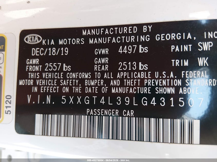2020 Kia Optima VIN 5XXGT4L39LG431507 IAAI salvage auction — FRONT & REAR, Salvage Title, sold $550 on 2026-07-22 (photo 9)