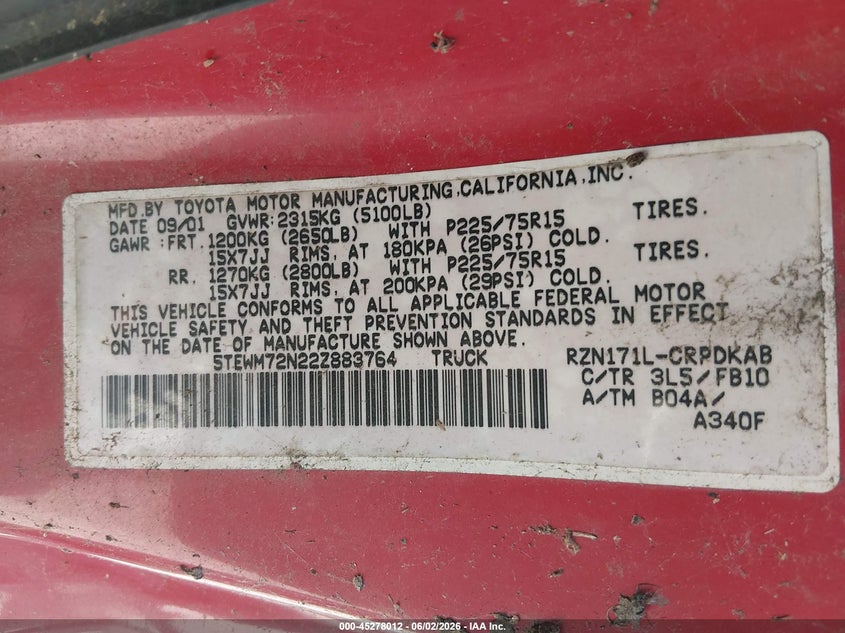2002 Toyota Tacoma VIN 5TEWM72N22Z883764 IAAI salvage auction — NORMAL WEAR, Original (Ohio), sold $1,150 on 2026-07-14 (photo 9)