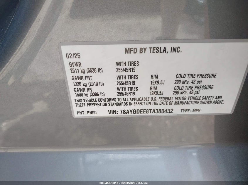 2026 Tesla Model y VIN 7SAYGDEE8TA380432 IAAI salvage auction — REAR END, Salvage Title, sold $21,800 on 2026-07-21 (photo 9)