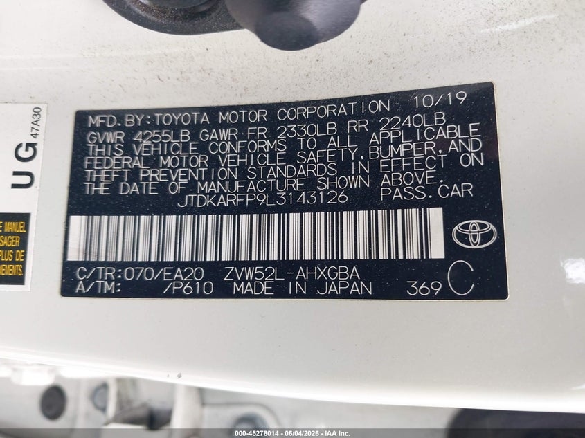 2020 Toyota Prius VIN JTDKARFP9L3143126 IAAI salvage auction — FRONT END, Salvage Title, sold $9,050 on 2026-07-15 (photo 9)