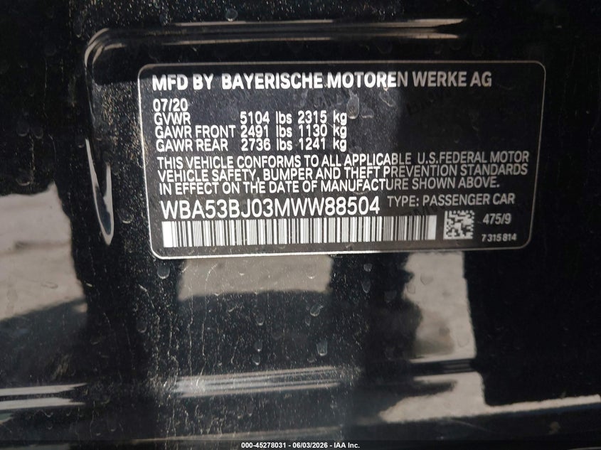 2021 BMW 5er VIN WBA53BJ03MWW88504 IAAI salvage auction — LEFT FRONT, Salvage (California), sold $9,400 on 2026-07-29 (photo 9)