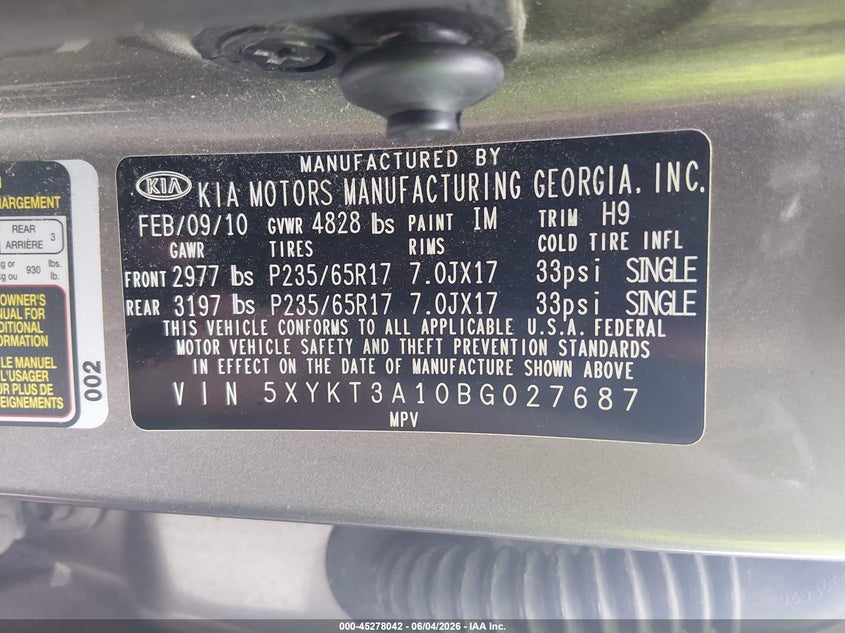 2011 Kia Sorento VIN 5XYKT3A10BG027687 IAAI salvage auction — NORMAL WEAR, Clear (Louisiana), sold $1,250 on 2026-07-07 (photo 9)