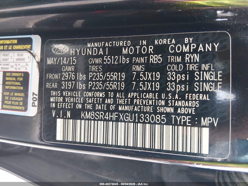 2016 Hyundai Santa fe VIN KM8SR4HFXGU133085 IAAI salvage auction — RIGHT SIDE, Salvage Title, sold $2,500 on 2026-07-14 (photo 9)