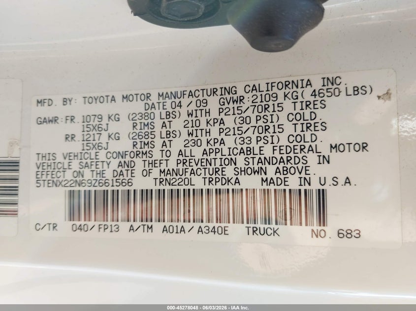2009 Toyota Tacoma VIN 5TENX22N69Z661566 IAAI salvage auction — FRONT END, Salvage (Kentucky), sold $2,600 on 2026-07-08 (photo 9)