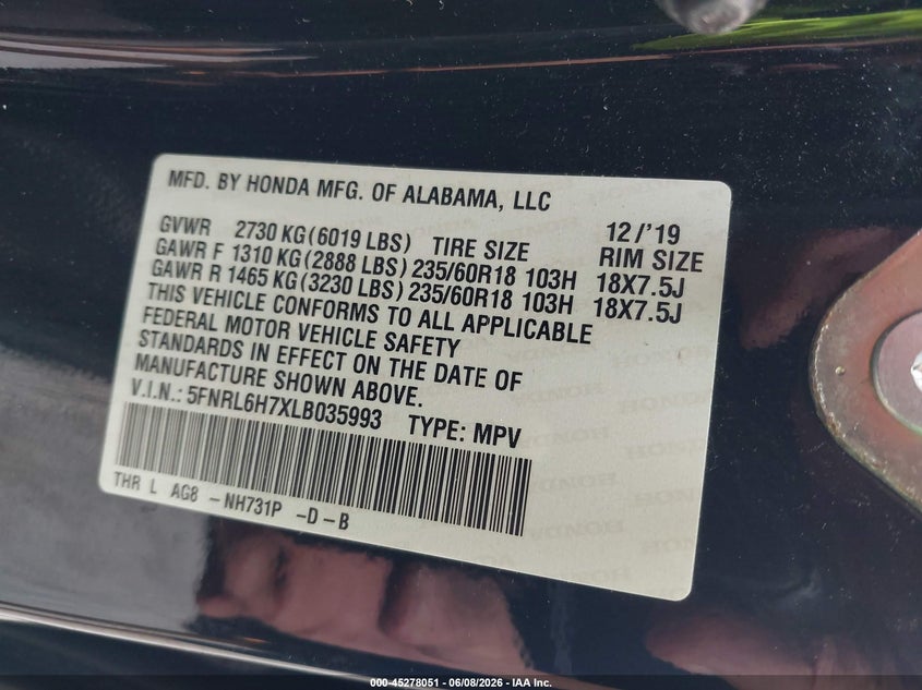 2020 Honda Odyssey VIN 5FNRL6H7XLB035993 IAAI salvage auction — FRONT END, Salvage Title, sold $4,450 on 2026-07-09 (photo 9)