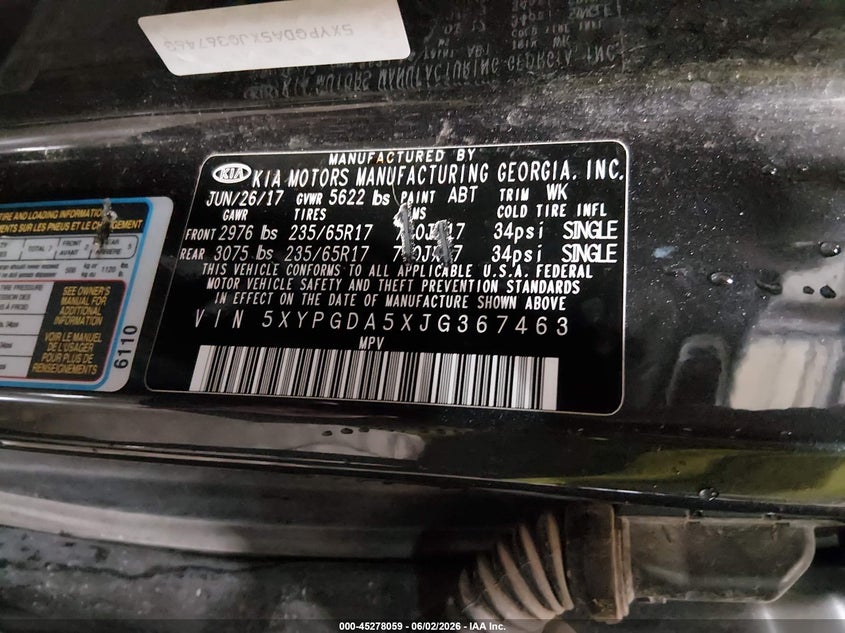 2018 Kia Sorento VIN 5XYPGDA5XJG367463 IAAI salvage auction — REAR END, Salvage Title, sold $1,250 on 2026-07-10 (photo 9)