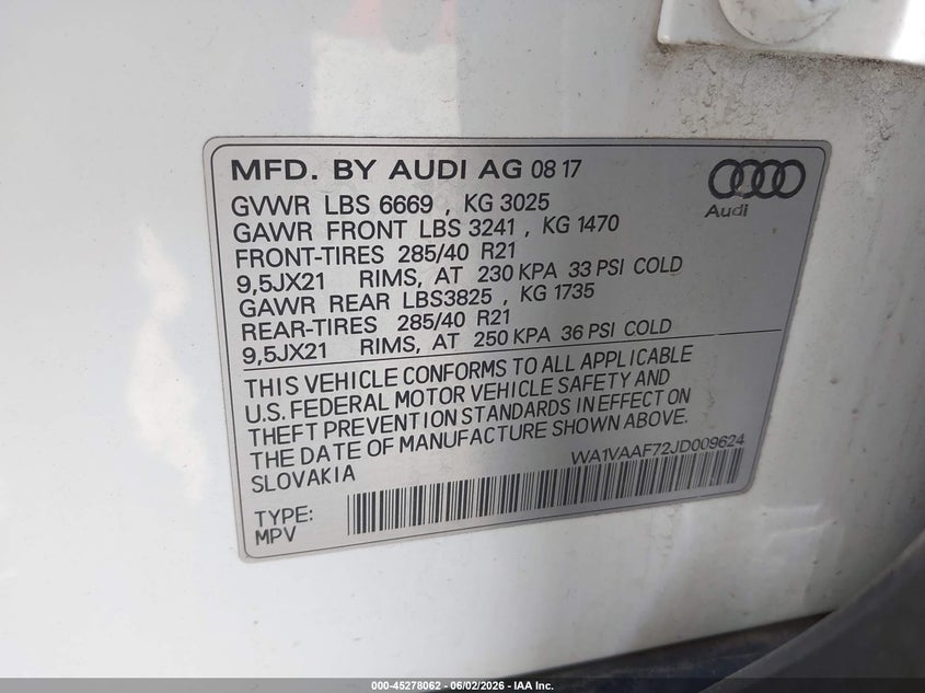 2018 Audi Q7 VIN WA1VAAF72JD009624 IAAI salvage auction — RIGHT REAR, Salvage (Illinois), sold $7,000 on 2026-07-29 (photo 9)