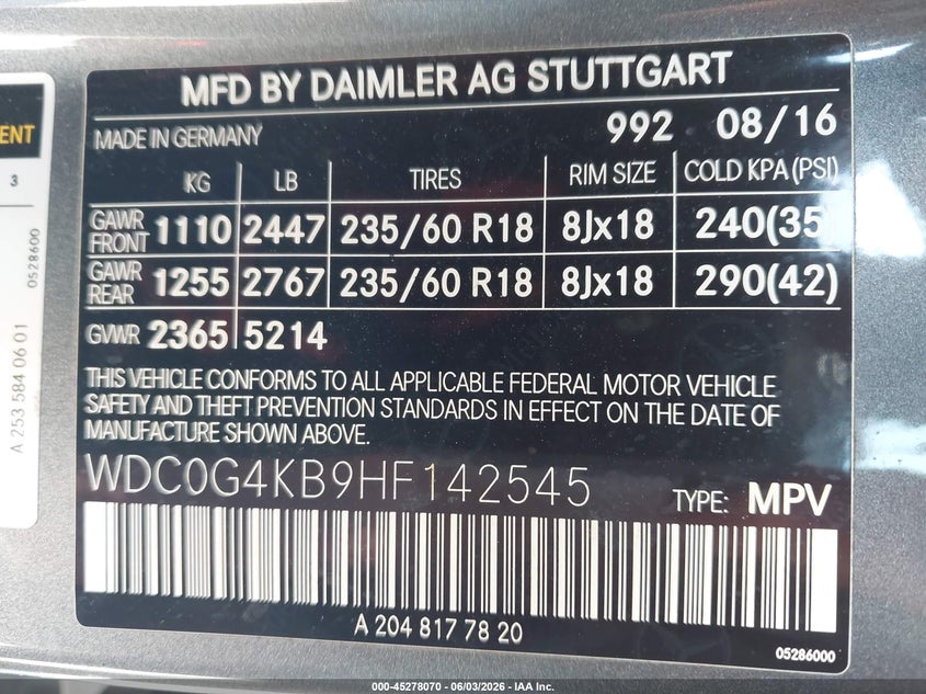 2017 Mercedes-benz Glc VIN WDC0G4KB9HF142545 IAAI salvage auction — RIGHT FRONT, Salvage Title, sold $8,300 on 2026-07-08 (photo 9)