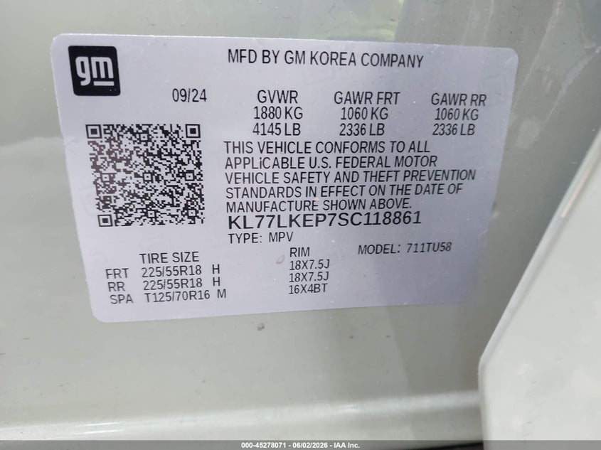 2025 Chevrolet Trax VIN KL77LKEP7SC118861 IAAI salvage auction — REAR END, Salvage (North Carolina), sold $6,600 on 2026-07-31 (photo 9)