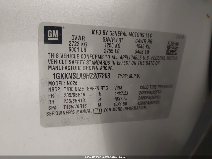 2017 Gmc Acadia VIN 1GKKNSLA9HZ207203 IAAI salvage auction — REAR END, Salvage Title, sold $525 on 2026-07-27 (photo 9)