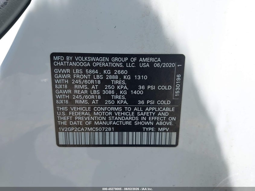 2021 Volkswagen Atlas VIN 1V2GP2CA7MC507281 IAAI salvage auction — FRONT END, Salvage Title, sold $2,650 on 2026-07-11 (photo 9)