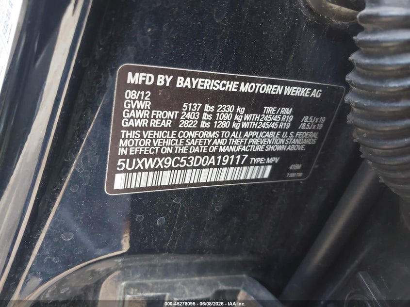 2013 BMW X3 VIN 5UXWX9C53D0A19117 IAAI salvage auction — REAR END, Salvage Title, sold $1,400 on 2026-07-14 (photo 9)