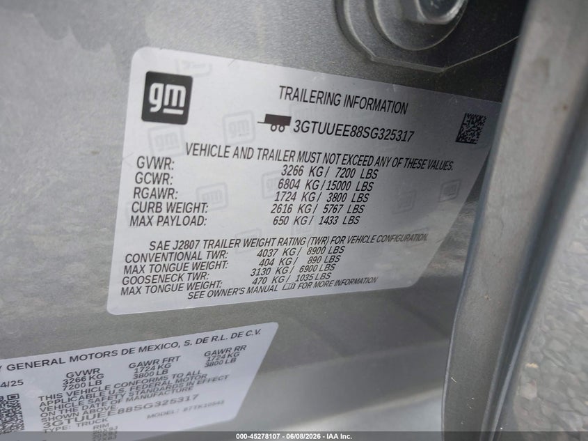 2025 Gmc SIERRA VIN 3GTUUEE88SG325317 IAAI salvage auction — UNDERCARRIAGE, Salvage Title, sold $28,250 on 2026-07-06 (photo 9)