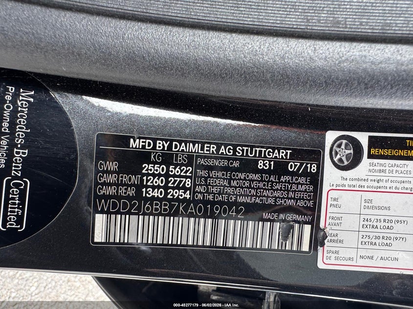 2019 Mercedes-benz Cls-class VIN WDD2J6BB7KA019042 IAAI salvage auction — UNKNOWN, Original (West Virginia), sold $14,875 on 2026-07-15 (photo 9)