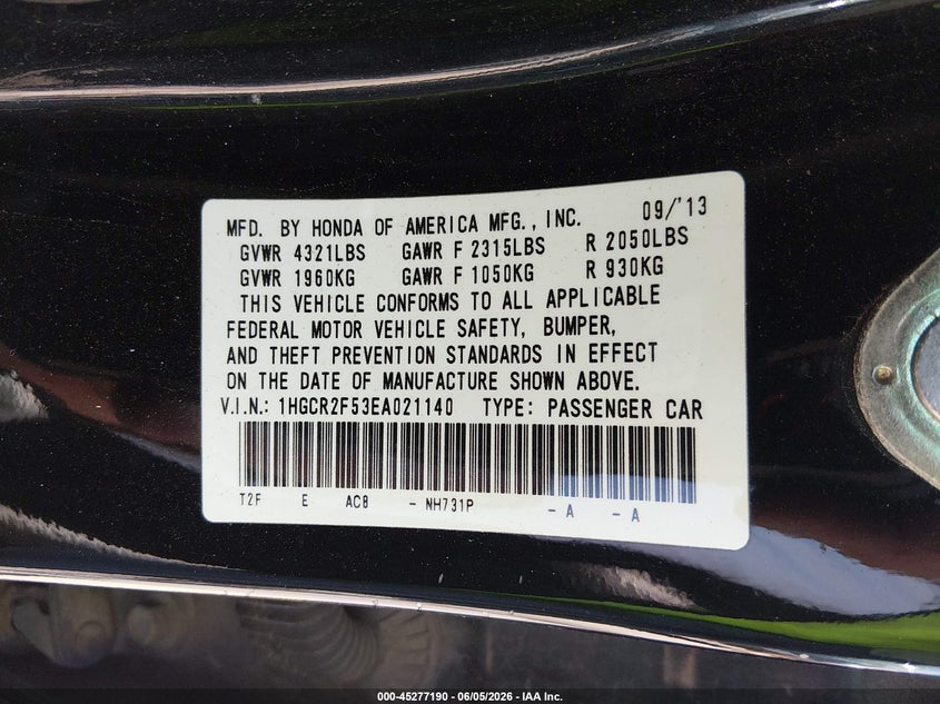 2014 Honda Accord VIN 1HGCR2F53EA021140 IAAI salvage auction — REAR END, Salvage Title, sold $500 on 2026-07-18 (photo 9)