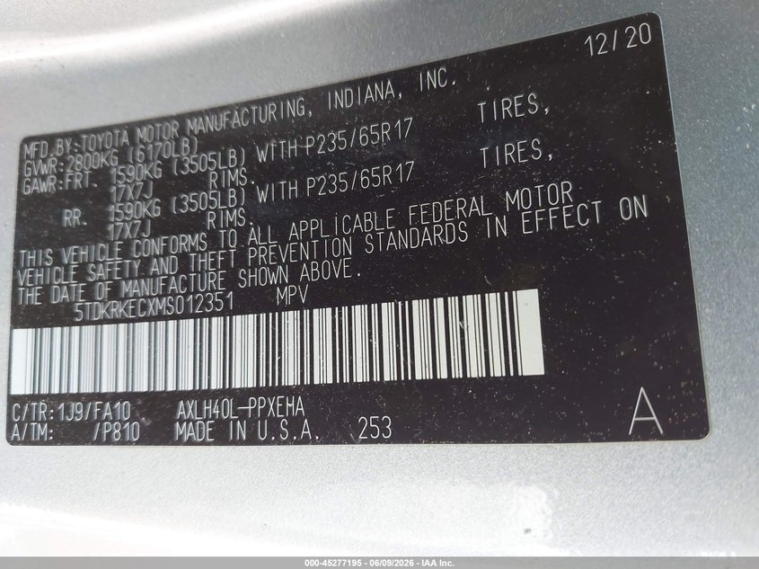 2021 Toyota Sienna VIN 5TDKRKECXMS012351 IAAI salvage auction — FRONT END, Salvage Title, sold $3,750 on 2026-07-24 (photo 9)