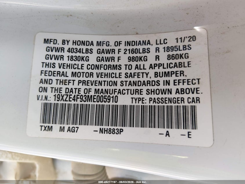 2021 Honda Insight VIN 19XZE4F93ME005910 IAAI salvage auction — REAR END, Salvage Title, sold $1,600 on 2026-07-23 (photo 9)