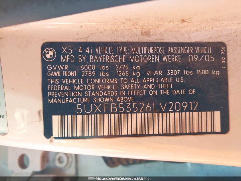 2006 BMW X5 VIN 5UXFB53526LV20912 IAAI salvage auction — FRONT & REAR, Salvage (Idaho), sold $350 on 2026-07-28 (photo 9)