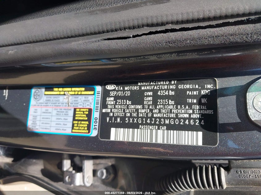 2021 Kia K5 VIN 5XXG14J23MG024624 IAAI salvage auction — FRONT END, Salvage Title, sold $1,425 on 2026-07-15 (photo 9)