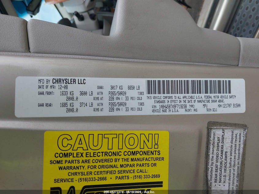 2009 Chrysler Aspen VIN 1A8HW58TX9F719238 IAAI salvage auction — LEFT SIDE, Mv-907A (New York), sold $600 on 2026-07-14 (photo 9)