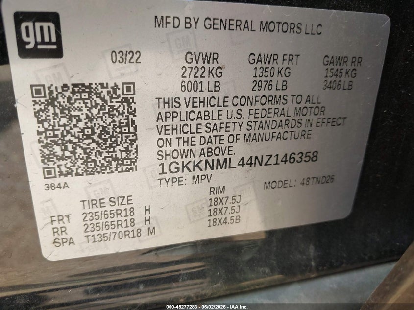 2022 Gmc Acadia VIN 1GKKNML44NZ146358 IAAI salvage auction — HAIL, Salvage Title, sold $9,375 on 2026-07-27 (photo 9)