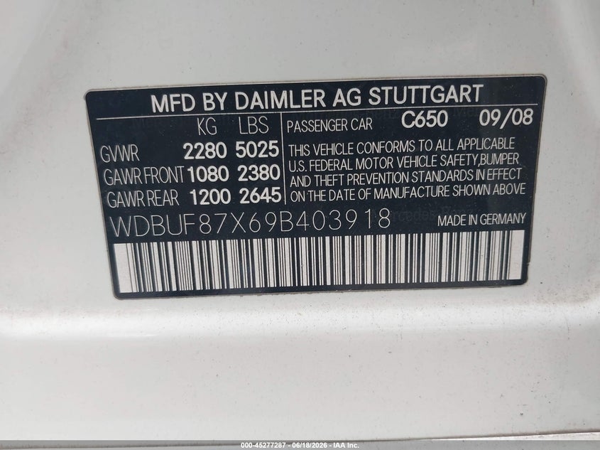 2009 Mercedes-benz E-class VIN WDBUF87X69B403918 IAAI salvage auction — FRONT END, Salvage (North Carolina), sold $625 on 2026-07-20 (photo 9)