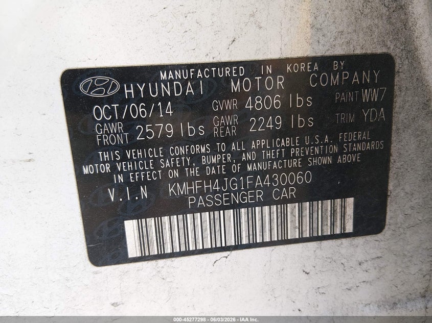 2015 Hyundai Azera VIN KMHFH4JG1FA430060 IAAI salvage auction — FRONT END, Salvage Title, sold $1,100 on 2026-07-13 (photo 9)