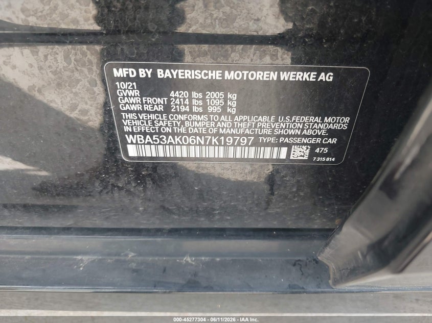 2022 BMW 2er VIN WBA53AK06N7K19797 IAAI salvage auction — RIGHT FRONT, Salvage Title, sold $5,150 on 2026-07-31 (photo 9)