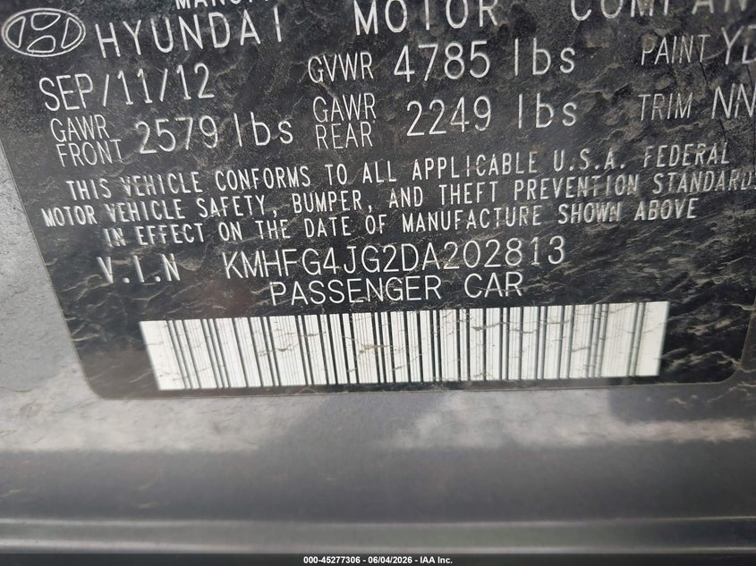 2013 Hyundai Azera VIN KMHFG4JG2DA202813 IAAI salvage auction — FRONT END, Mv-907A (New York), sold $925 on 2026-07-07 (photo 9)