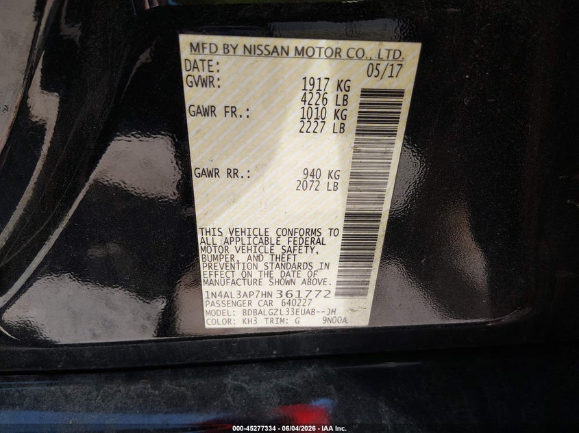2017 Nissan Altima VIN 1N4AL3AP7HN361772 IAAI salvage auction — LEFT REAR, Salvage (Massachusetts), sold $625 on 2026-07-18 (photo 9)