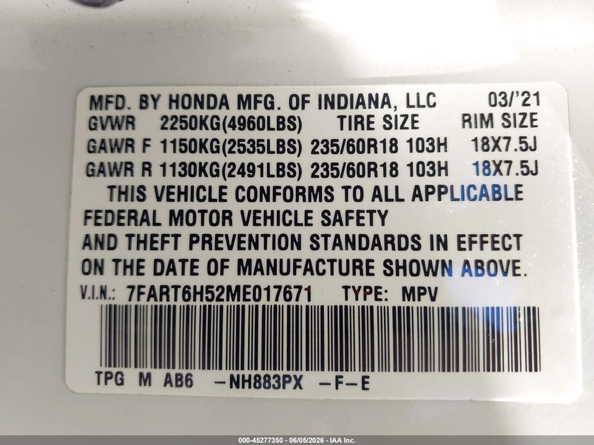 2021 Honda Cr-v VIN 7FART6H52ME017671 IAAI salvage auction — FRONT END, Salvage Title, sold $9,650 on 2026-07-07 (photo 9)