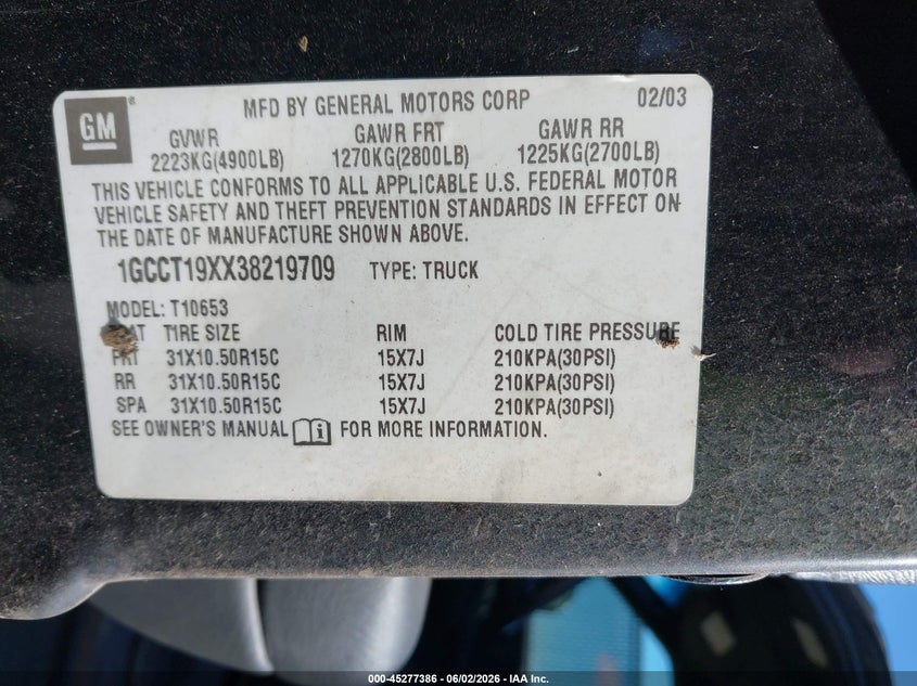 2003 Chevrolet S-10 VIN 1GCCT19XX38219709 IAAI salvage auction — NORMAL WEAR, Clear (New York), sold $400 on 2026-07-07 (photo 9)