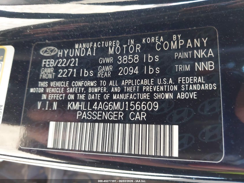 2021 Hyundai Elantra VIN KMHLL4AG6MU156609 IAAI salvage auction — REAR END, Salvage Title, sold $3,800 on 2026-07-14 (photo 9)