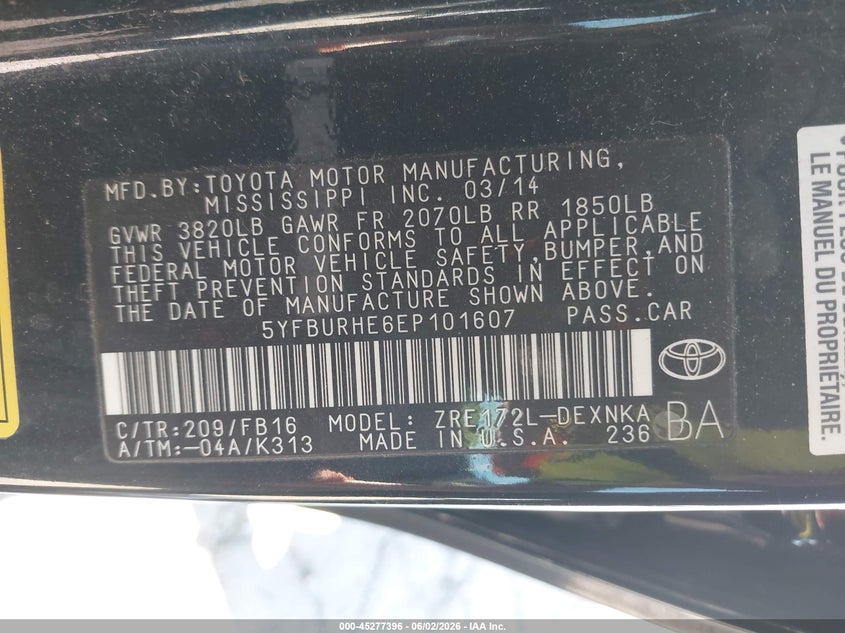 2014 Toyota Corolla VIN 5YFBURHE6EP101607 IAAI salvage auction — REAR END, Salvage Title, sold $1,650 on 2026-07-14 (photo 9)