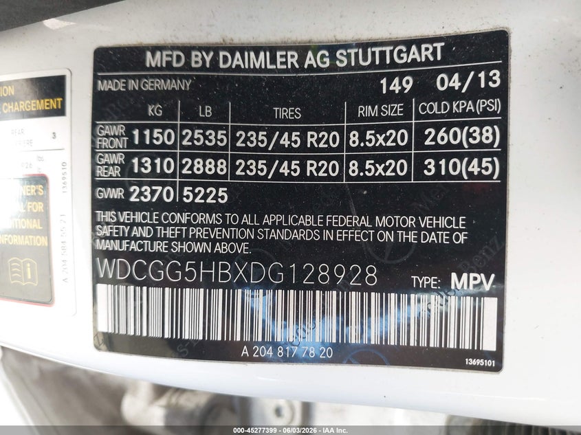 2013 Mercedes-benz Glk-klasse VIN WDCGG5HBXDG128928 IAAI salvage auction — FRONT END, Salvage Title, sold $1,250 on 2026-07-21 (photo 9)