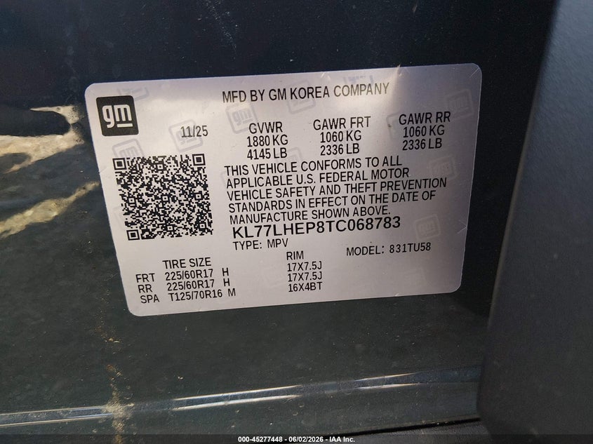 2026 Chevrolet Trax VIN KL77LHEP8TC068783 IAAI salvage auction — REAR END, Salvage Title, sold $4,600 on 2026-07-29 (photo 9)