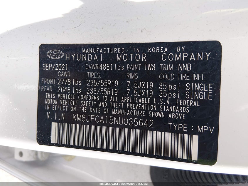 2022 Hyundai Tucson VIN KM8JFCA15NU035642 IAAI salvage auction — FRONT END, Salvage Title, sold $9,100 on 2026-07-11 (photo 9)