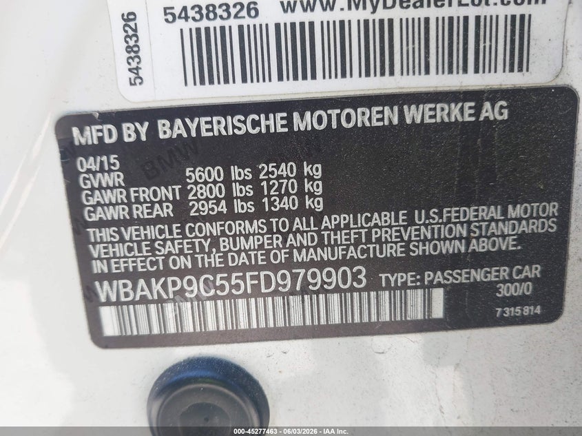 2015 BMW 5er VIN WBAKP9C55FD979903 IAAI salvage auction — FRONT END, Salvage Title, sold $1,250 on 2026-07-21 (photo 9)